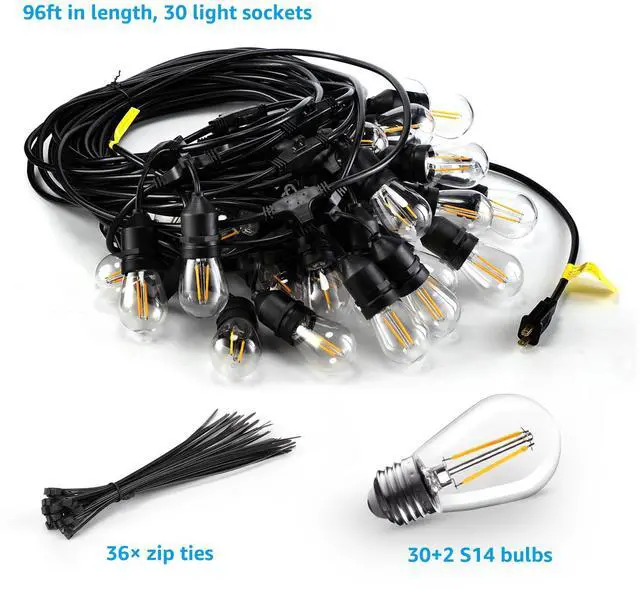 Alt view image 5 of 7 - 96ft LED Outdoor String Lights, 30+2 Vintage Filament Bulbs, 110V Shatterproof Patio Lighting for Garden, Backyard, Porch, Party, Wedding, IP65 Waterproof, ETL Certified, 2700K Soft White