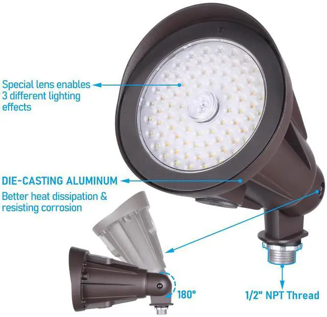 Alt view image 6 of 7 - Commercial 3CCT LED Dusk to Dawn Bullet Flood Light, 120-277V, ETL Listed