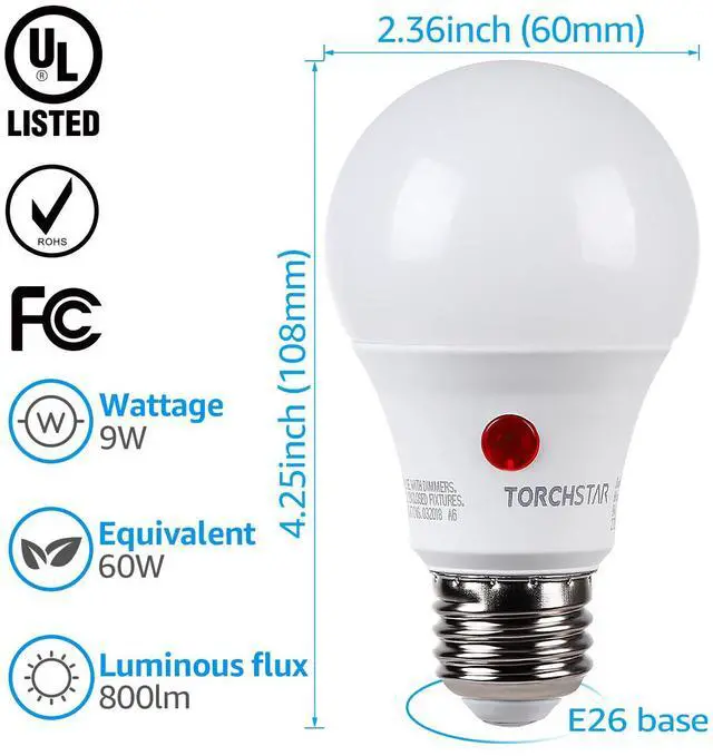 Alt view image 6 of 7 - TORCHSTAR LED Dusk to Dawn Light Bulbs Outdoor, Light Sensor A19 LED Bulb, 9W (60W Eqv.), 800lm, 2700K Soft White, UL-listed, Auto On/Off Photocell, for Porch, Front Door, Pack of 4