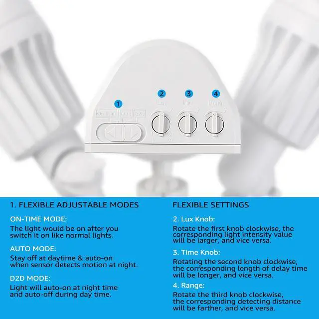 Alt view image 6 of 7 - LEONLITE Adjustable 2-Head Outdoor COB LED Security Light, Motion Sensor Floodlight, 3 Modes (Motion Detection + Dusk to Dawn + Switch Control), 100-277V, IP65 Waterproof, 3000K Warm White, Pack of 2