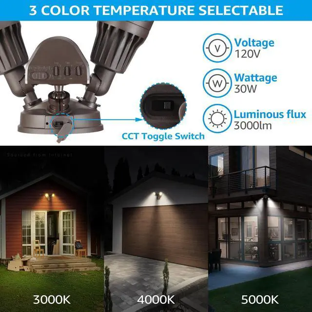 Alt view image 3 of 7 - LEONLITE 3CCT 2-Head Adjustable LED Security Light, Motion Sensor Flood Lights Outdoor Dusk to Dawn, 3000K/4000K/5000K Selectable, Bronze