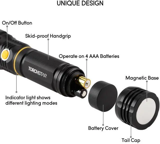 Alt view image 2 of 7 - LED Flashlight & Work Light, Battery Operated Professional Cree Work Light with Magnetic Base, Bright Aluminum Alloy Handhold Body