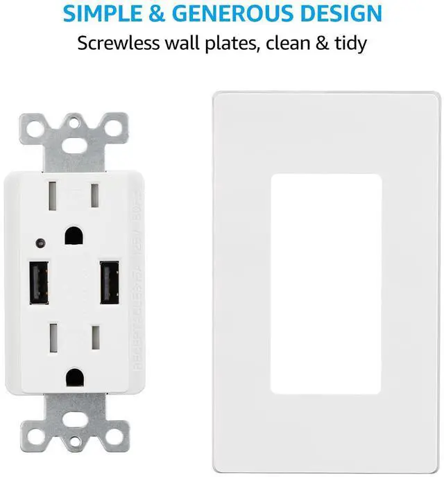 Alt view image 4 of 7 - 2 Pack 4.2A USB Wall Outlet Fast Charge, 15A Tamper-Resistant Receptacles Socket USB Outlets, UL-listed Dual High, Speed Charger USB Electrical Outlets, Wall Plate Included, White