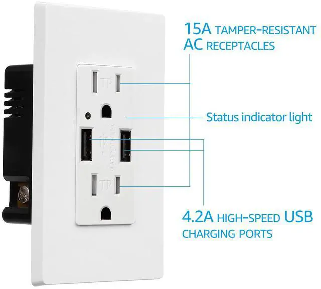Alt view image 3 of 7 - 2 Pack 4.2A USB Wall Outlet Fast Charge, 15A Tamper-Resistant Receptacles Socket USB Outlets, UL-listed Dual High, Speed Charger USB Electrical Outlets, Wall Plate Included, White