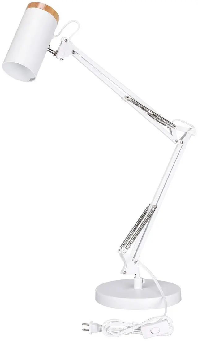 Main image of Adjustable Metal Table Lamp, Large Size Max Height 29.7", E26 Base, Swing Arm Desk Light with Wooden Accent, White