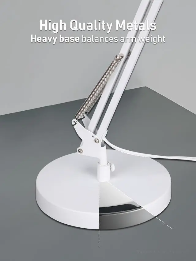 Alt view image 4 of 7 - Adjustable Metal Table Lamp, Large Size Max Height 29.7", E26 Base, Swing Arm Desk Light with Wooden Accent, White