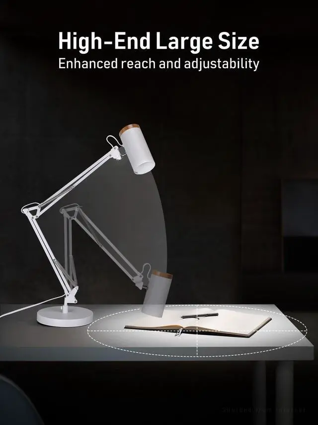 Alt view image 2 of 7 - Adjustable Metal Table Lamp, Large Size Max Height 29.7", E26 Base, Swing Arm Desk Light with Wooden Accent, White