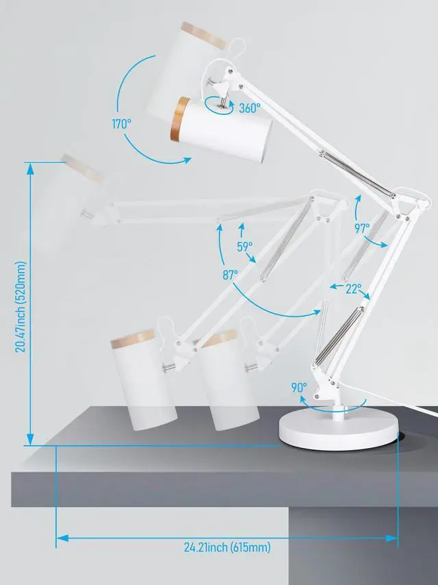Alt view image 3 of 7 - Adjustable Metal Table Lamp, Large Size Max Height 29.7", E26 Base, Swing Arm Desk Light with Wooden Accent, White