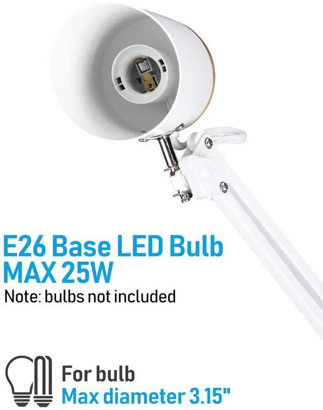Alt view image 5 of 7 - Adjustable Metal Table Lamp, Large Size Max Height 29.7", E26 Base, Swing Arm Desk Light with Wooden Accent, White