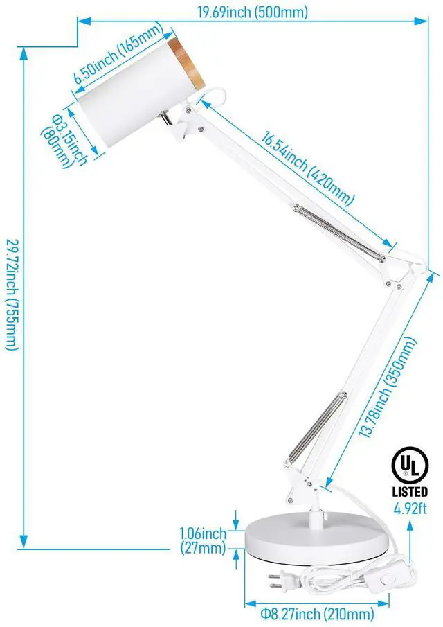 Alt view image 6 of 7 - Adjustable Metal Table Lamp, Large Size Max Height 29.7", E26 Base, Swing Arm Desk Light with Wooden Accent, White