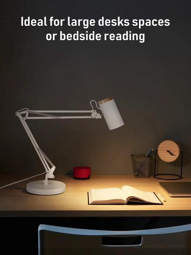 Alt view image 7 of 7 - Adjustable Metal Table Lamp, Large Size Max Height 29.7", E26 Base, Swing Arm Desk Light with Wooden Accent, White