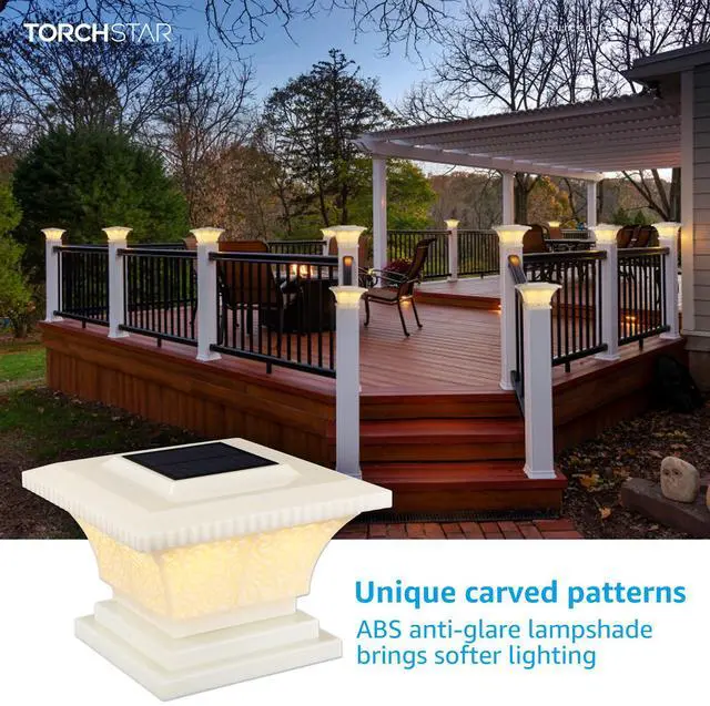 Alt view image 6 of 7 - 2 Pack Solar Outdoor Post Cap Lights, IP65 Waterproof Square Fence Light, Soft White Lamp, 360° Beam Angle, All Base for 4x4 5x5 6x6, for Deck, Garden or Patio, Creamy White Finish