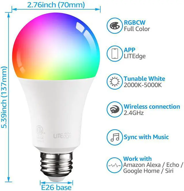 Alt view image 5 of 7 - 2 Pack A21 Smart Light Bulbs, WiFi & Bluetooth, Work with Alexa Echo Google Home Assistant Siri, 2000K-5000K RGBCW Full Color Changing Smart LED Bulb, 75W Equivalent, E26 Base