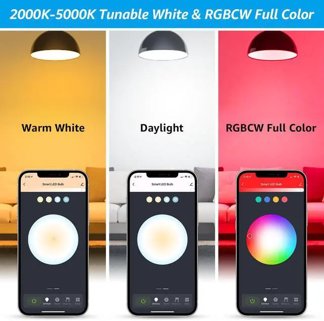 Alt view image 4 of 7 - 2 Pack A21 Smart Light Bulbs, WiFi & Bluetooth, Work with Alexa Echo Google Home Assistant Siri, 2000K-5000K RGBCW Full Color Changing Smart LED Bulb, 75W Equivalent, E26 Base