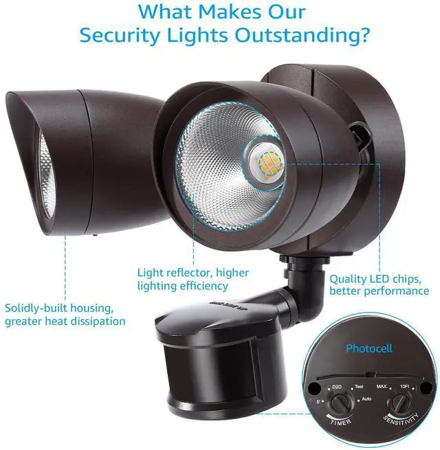 Alt view image 6 of 7 - 20W Motion Activated LED Outdoor Security Light, Dual Head Exterior Flood Light, 120W Eqv. 1400lm, 3000K Warm White, Bronze