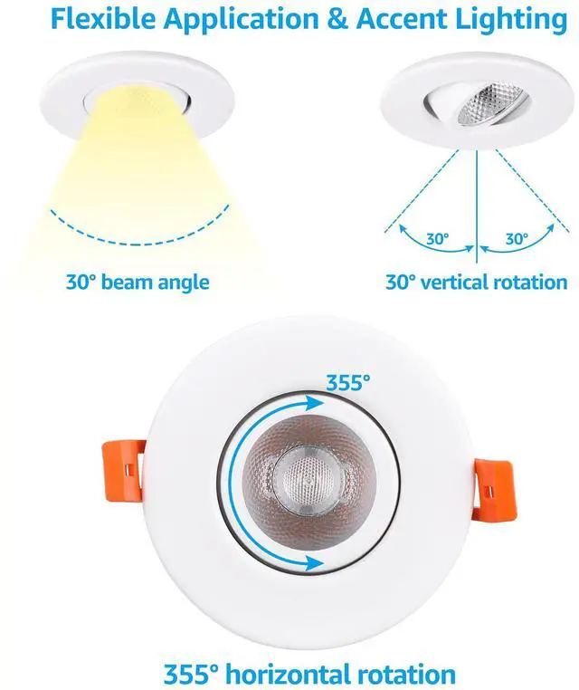 Alt view image 2 of 7 - 6 Pack 3-Inch Gimbal LED Dimmable Recessed Lights with J-Box, 7W (35W Eqv.), 4000K Cool White, White