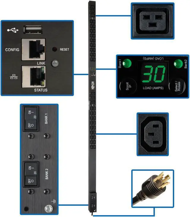 Main image of Tripp Lite 5 / 5.8 kW Single-Phase Monitored PDU, LX Interface, 208 / 240V Outlets (36 x C13 / 6 x C19), L6-30P, 10.0 Feet Cord, 0U Height, TAA (PDUMNV30HV2LX)