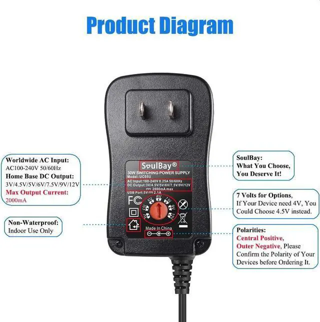 Alt view image 4 of 7 - [Upgraded Version] SoulBay 30W Universal AC/DC Adapter Switching Power Supply with 8 Selectable Adapter Tips, Including Micro USB Plug, for 3V to 12V Household Electronics and LED Strip - 2000mA Max - OEM
