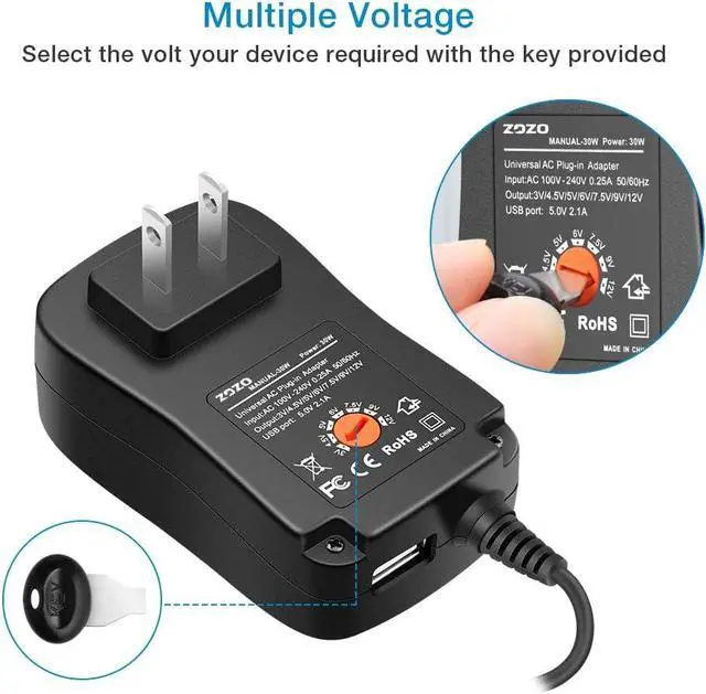 Alt view image 2 of 6 - ZOZO 30W Universal AC Adapter with USB Port and 8 Tips, Adjustable Voltage 3V 4.5V 5V 6V 7.5V 9V 12V DC Power Supply for Household Electronics LED Strip Lights Phone Tablet Webcams Speakers USB Hubs