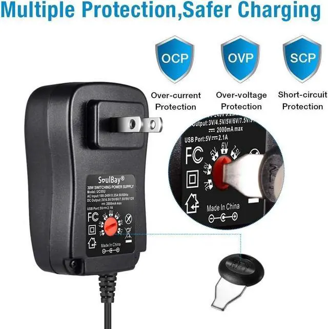 Alt view image 2 of 7 - [Upgraded Version] SoulBay 30W Universal AC/DC Adapter Switching Power Supply with 8 Selectable Adapter Tips, Including Micro USB Plug, for 3V to 12V Household Electronics and LED Strip - 2000mA Max - OEM