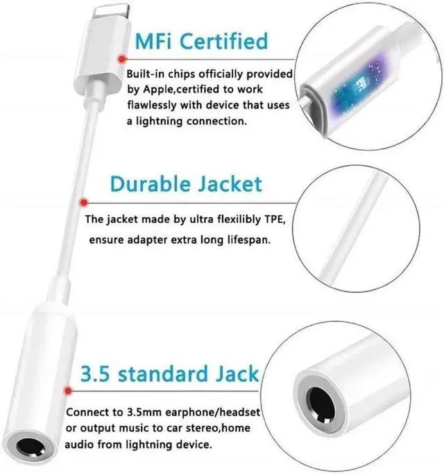 Alt view image 3 of 7 - [ MFi Certified]2 Pack iPhone Headphone Adapter Lightning to 3.5 mm Headphone/Earphones Dongle Jack Adapter Audio Aux Cable Converter Compatible with iPhone14 13 12 11 XS XR X 8 7 Support All iOS