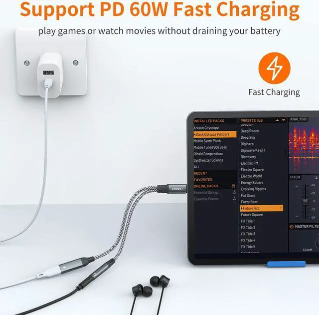Alt view image 2 of 6 - USB C to 3.5mm Headphone and Charger Adapter 2-in-1 USB Type C to Aux Jack Dongle Cable with PD 60W Fast Charging for iPhone 15 16 Pro Max Plus  Galaxy S22 S23 S24 Ultra Note 20 iPad Pro
