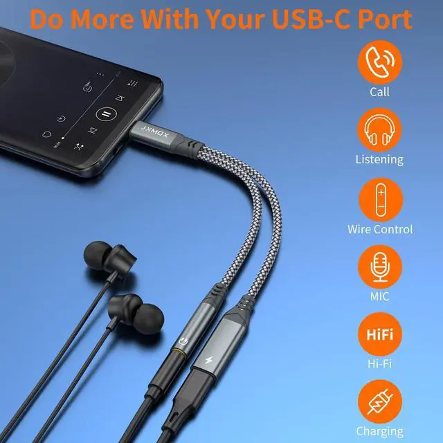 Alt view image 3 of 6 - USB C to 3.5mm Headphone and Charger Adapter 2-in-1 USB Type C to Aux Jack Dongle Cable with PD 60W Fast Charging for iPhone 15 16 Pro Max Plus  Galaxy S22 S23 S24 Ultra Note 20 iPad Pro