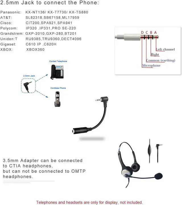 Alt view image 3 of 7 - Headphone Adapter 2.5mm Male to 3.5mm Femalefor Smartphone Headset Adapter 2.5mm to 3.5(for Panasonic Jack) Cable with Connector Suit for Cordless Phones Earpiece Jack Adapter XB0X360