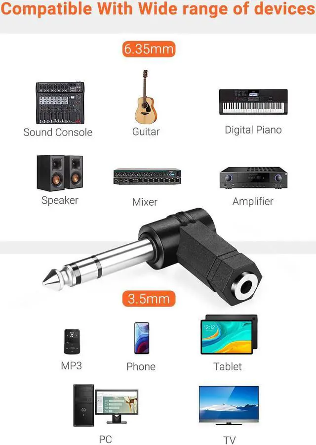Alt view image 5 of 7 - Right Angled 6.35mm 0.25 inch TRS 3 Pole Male to 3.5mm Female 90 Degree Adapter Converter Extension Extender Stereo Auxiliary AUX Headphone Audio Jack Plug Wire Cord 3 Pack