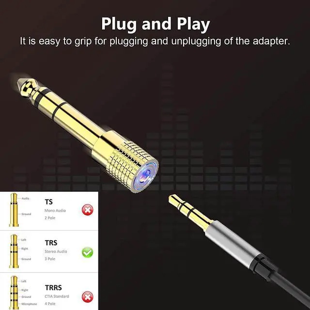 Alt view image 3 of 6 - 6.35mm (1/4 inch) Male to 3.5mm (1/8 inch) Female Stereo Audio Headphone TRS Jack Cable Converter Gold Plated Copper 2 Pack