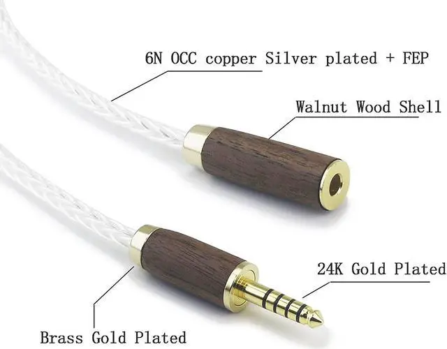Alt view image 2 of 7 - 4.4mm Male to 4.4mm Female Balanced Headphone Audio Adapter Cable Extension Cord 8 Cores 6N OCC Copper Single Crystal Silver Plated Wire Walnut Wood Shell 4.9ft