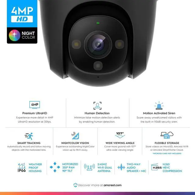 Alt view image 2 of 7 - Amcrest 4MP Outdoor PT WiFi IP Camera Pan Tilt Zoom (Digital 16x) SmartHome WiFi Camera Security Speed Dome, Motorized Pan/Tilt, 98ft Nightcolor, WiFi (2.4Ghz), 107º FOV, IP66, ASH47-W (Refurbished)