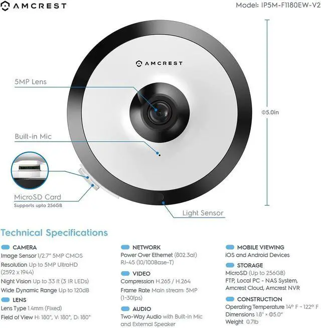 Alt view image 6 of 7 - Amcrest Fisheye IP POE Camera, 360° Panoramic 5-Megapixel POE IP Camera, Fish Eye Security Indoor Camera, IVS Features and People Counting, MicroSD Recording, IP5M-F1180EW-V2 (White)