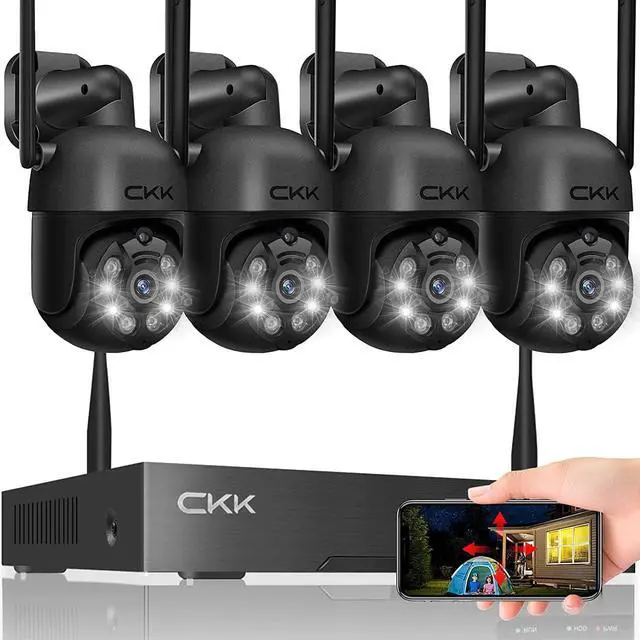 Main image of Wireless Security Camera System, 4pcs 3MP PTZ Cameras Outdoor Indoor, CKK WiFi Surveillance NVR System with Floodlights & Siren Alarm, 2 Way Audio, 24/7 Record, Expandable 10CH, No HDD