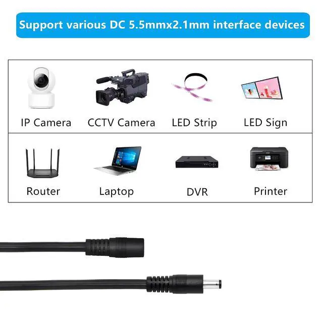 Alt view image 6 of 7 - DC Power Extension CableDC 5.5mm x 2.1mm Male to Female Power Adapter Cable3FT 18AWG Heavy Duty Cord for 12V CCTV Wireless IP Camera,LED,Car,More.-2PCS