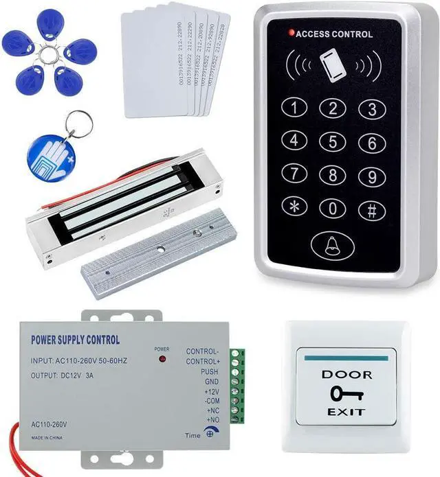 Main image of Stand-Alone Door Access Control System Kit with 180kg/350lbs Electric Magnetic Lock, DC12V/3A Power Supply, Door Exit Button, 10pcs RFID EM ID Keyfobs/Cards