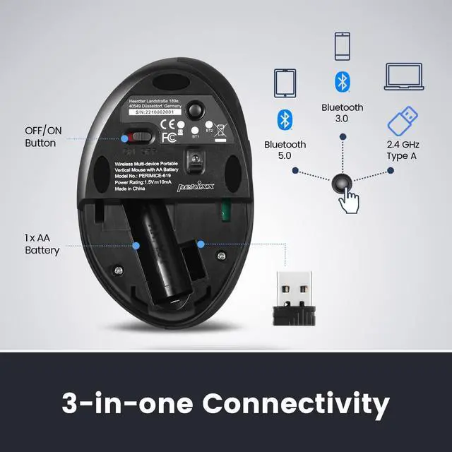 Alt view image 5 of 7 - Perixx PERIMICE-619B Bluetooth Portable Vertical Mouse - Wireless 3-in-1 Multi-Device Spec - Silent-Click - Portable Compact Size - Black - Right Handed