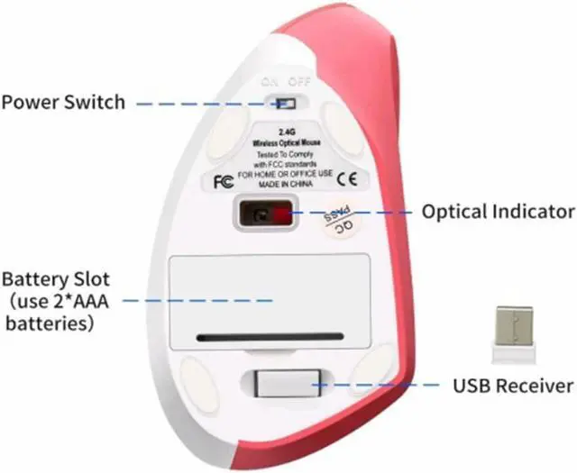 Alt view image 7 of 7 - Sunffice Vertical Mouse, Ergonomic Vertical Mouse, 2.4G High Precision Optical Mice 800/1200/1600DPI for PC Laptop Desktop Mac (Wireless Pink)