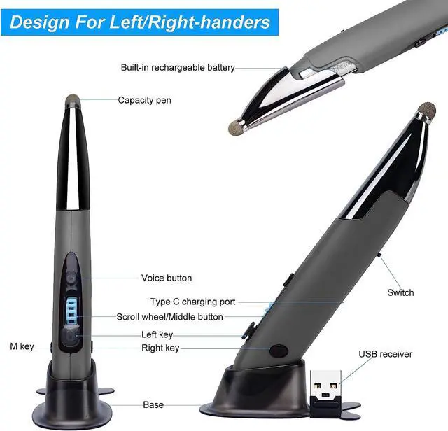 Alt view image 5 of 7 - Wireless Optical Pocket Pen Mouse 2.4GHZ USB Wireless Optical Handwriting Mini Air Pen Mouse Mice for PC Laptop Notebook Computer Mac (Voice&Bluetooth Grey1)