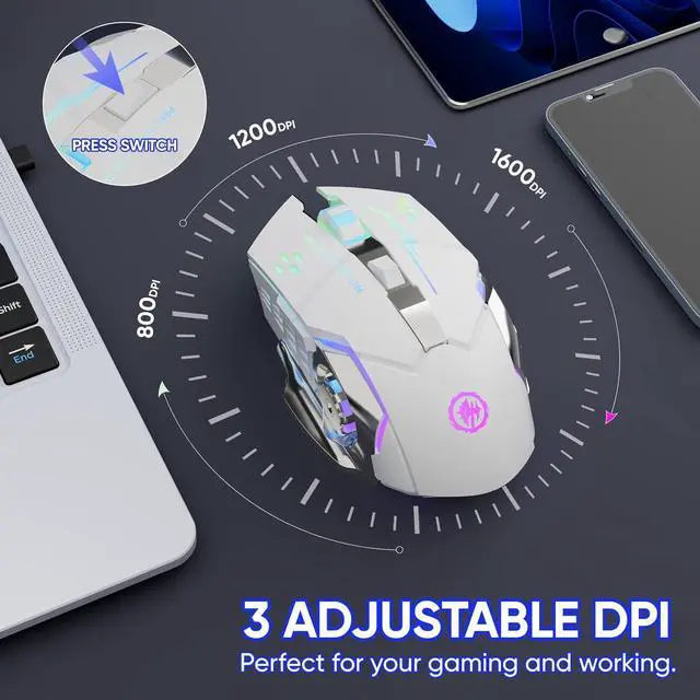 Alt view image 3 of 7 - Wireless Gaming Mouse Bluetooth Mouse RGB Rechargeable 2.4G USB Cordless Computer Mice with 7 Color Backlit, 6 Buttons & Silent Click for Laptop, iPad, Mac OS, PC, Windows -White