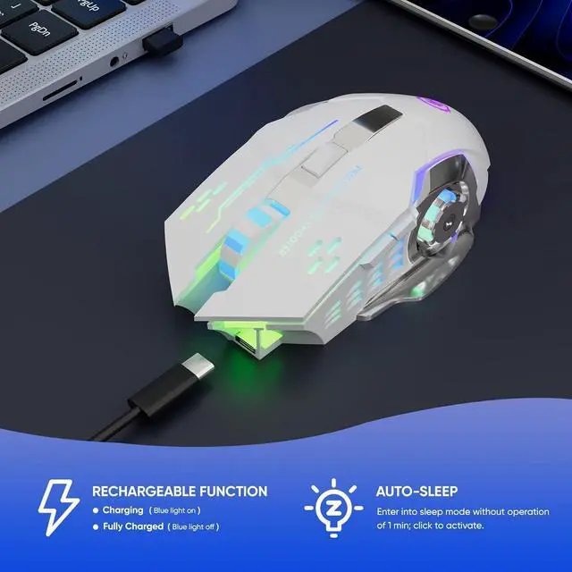 Alt view image 6 of 7 - Wireless Gaming Mouse Bluetooth Mouse RGB Rechargeable 2.4G USB Cordless Computer Mice with 7 Color Backlit, 6 Buttons & Silent Click for Laptop, iPad, Mac OS, PC, Windows -White