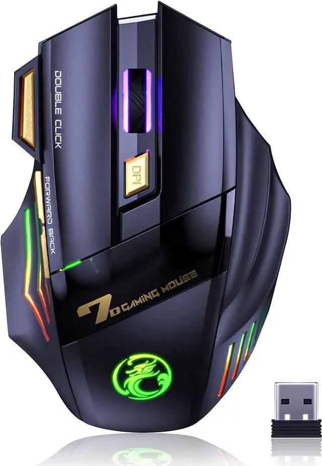 Main image of VEGCOO Wireless Gaming Mouse, Rechargeable Silent Wireless Mouse with 4800 DPI Adjustable,Double Click Key, Colorful RGB Lights, Computer Mice with Thumb Rest for PC/Mac Gamer (C26 Black)