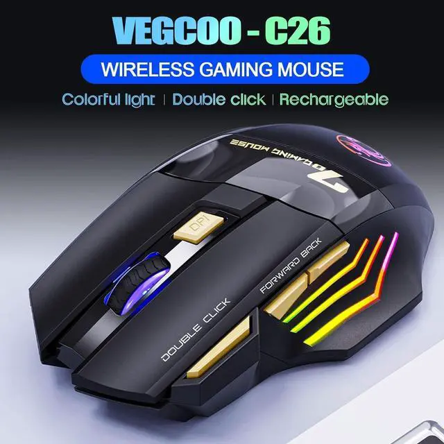 Alt view image 2 of 7 - VEGCOO Wireless Gaming Mouse, Rechargeable Silent Wireless Mouse with 4800 DPI Adjustable,Double Click Key, Colorful RGB Lights, Computer Mice with Thumb Rest for PC/Mac Gamer (C26 Black)