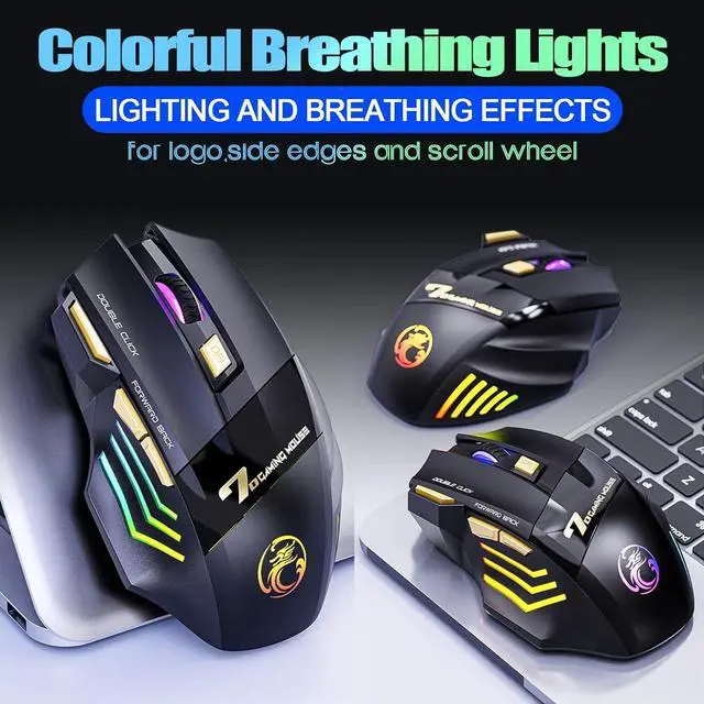 Alt view image 3 of 7 - VEGCOO Wireless Gaming Mouse, Rechargeable Silent Wireless Mouse with 4800 DPI Adjustable,Double Click Key, Colorful RGB Lights, Computer Mice with Thumb Rest for PC/Mac Gamer (C26 Black)