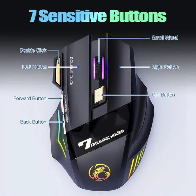 Alt view image 4 of 7 - VEGCOO Wireless Gaming Mouse, Rechargeable Silent Wireless Mouse with 4800 DPI Adjustable,Double Click Key, Colorful RGB Lights, Computer Mice with Thumb Rest for PC/Mac Gamer (C26 Black)