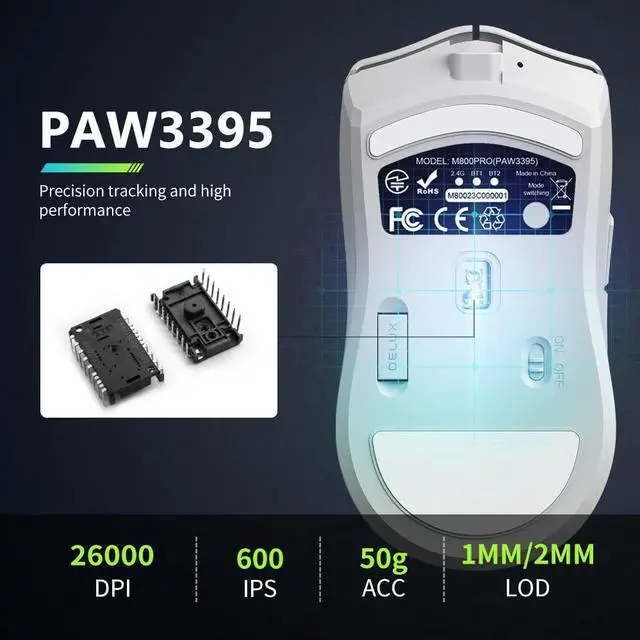 Alt view image 2 of 6 - DeLUX M800PRO 3395 Wireless Gaming Mouse, with PAW3395 Sensor 26000DPI, Tri-Mode, Huano Pink Switches, 80 Hrs Battery, Matt UV Coating, 72g Lightweight, Come with Glass Skates and Grip Tape (White)