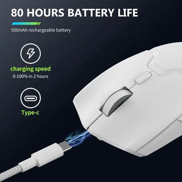 Alt view image 5 of 6 - DeLUX M800PRO 3395 Wireless Gaming Mouse, with PAW3395 Sensor 26000DPI, Tri-Mode, Huano Pink Switches, 80 Hrs Battery, Matt UV Coating, 72g Lightweight, Come with Glass Skates and Grip Tape (White)