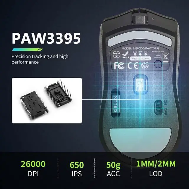 Alt view image 2 of 6 - DeLUX M800PRO 3395 Wireless Gaming Mouse, with PAW3395 Sensor 26000DPI, Tri-Mode, Huano Pink Switches, 80 Hrs Battery, Matt UV Coating, 72g Lightweight, Come with Glass Skates and Grip Tape (Black)