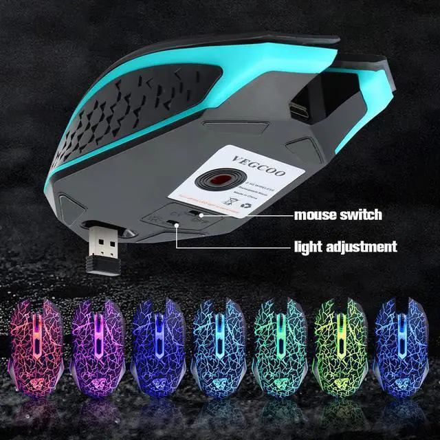 Alt view image 5 of 7 - VEGCOO C10 Wireless Gaming Mouse Rechargeable Silent Optical Mice 7 Colors LED Lights, 7 Buttons 2400/1600/800DPI (Black)
