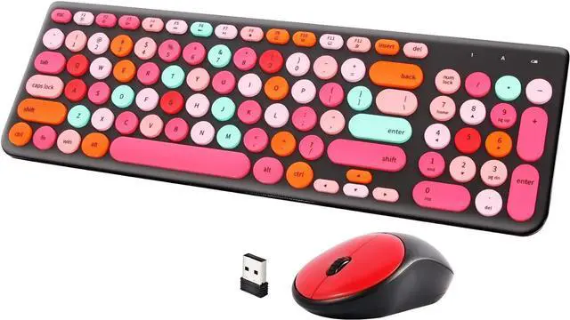 Main image of Wireless Keyboard and Mouse Combo, Retro Typewriter Wireless Keyboard with Round Keycaps, 2.4GHz Full-Size USB Cute Wireless Keyboard Mouse for Computer, Desktop, Laptop and Computer (Black-Colorful)